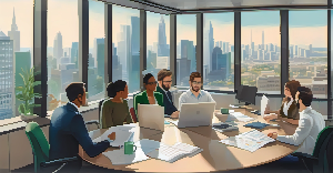 A diverse team of professionals in a bright, open office setting, engaged in a collaborative meeting around a table with laptops and notebooks.
