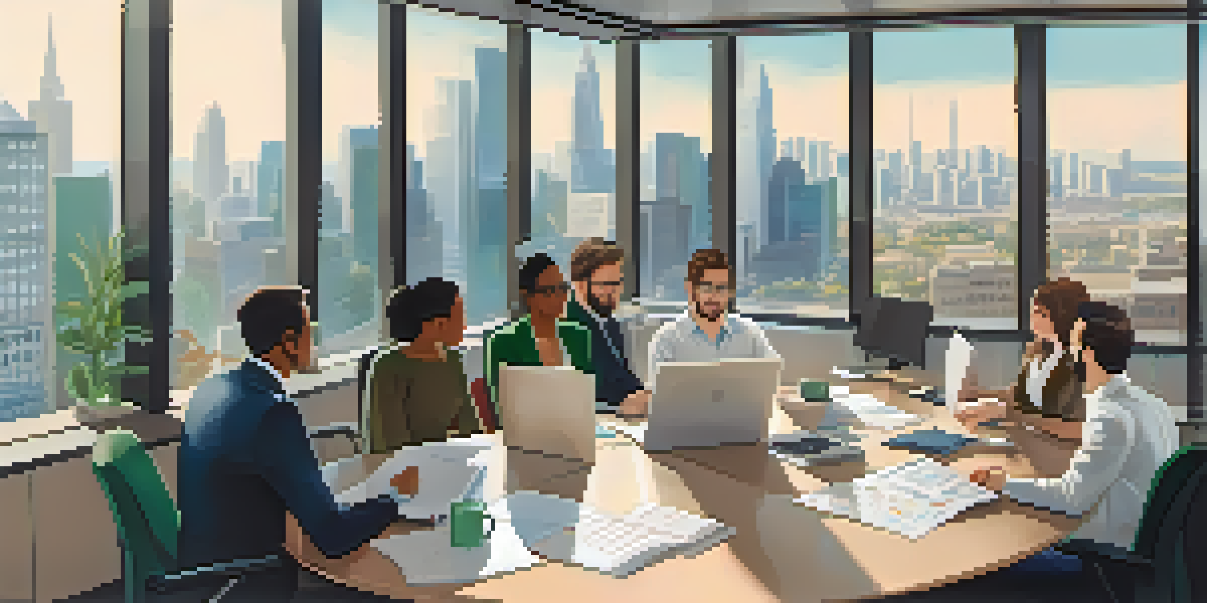 A diverse team of professionals in a bright, open office setting, engaged in a collaborative meeting around a table with laptops and notebooks.