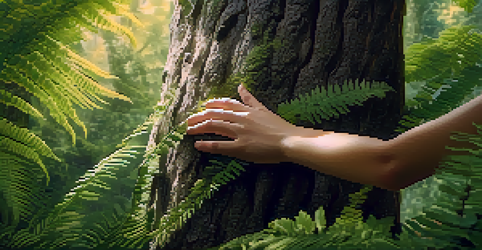 A close-up of a hand on tree bark, surrounded by ferns and flowers, with sunlight filtering through the leaves.