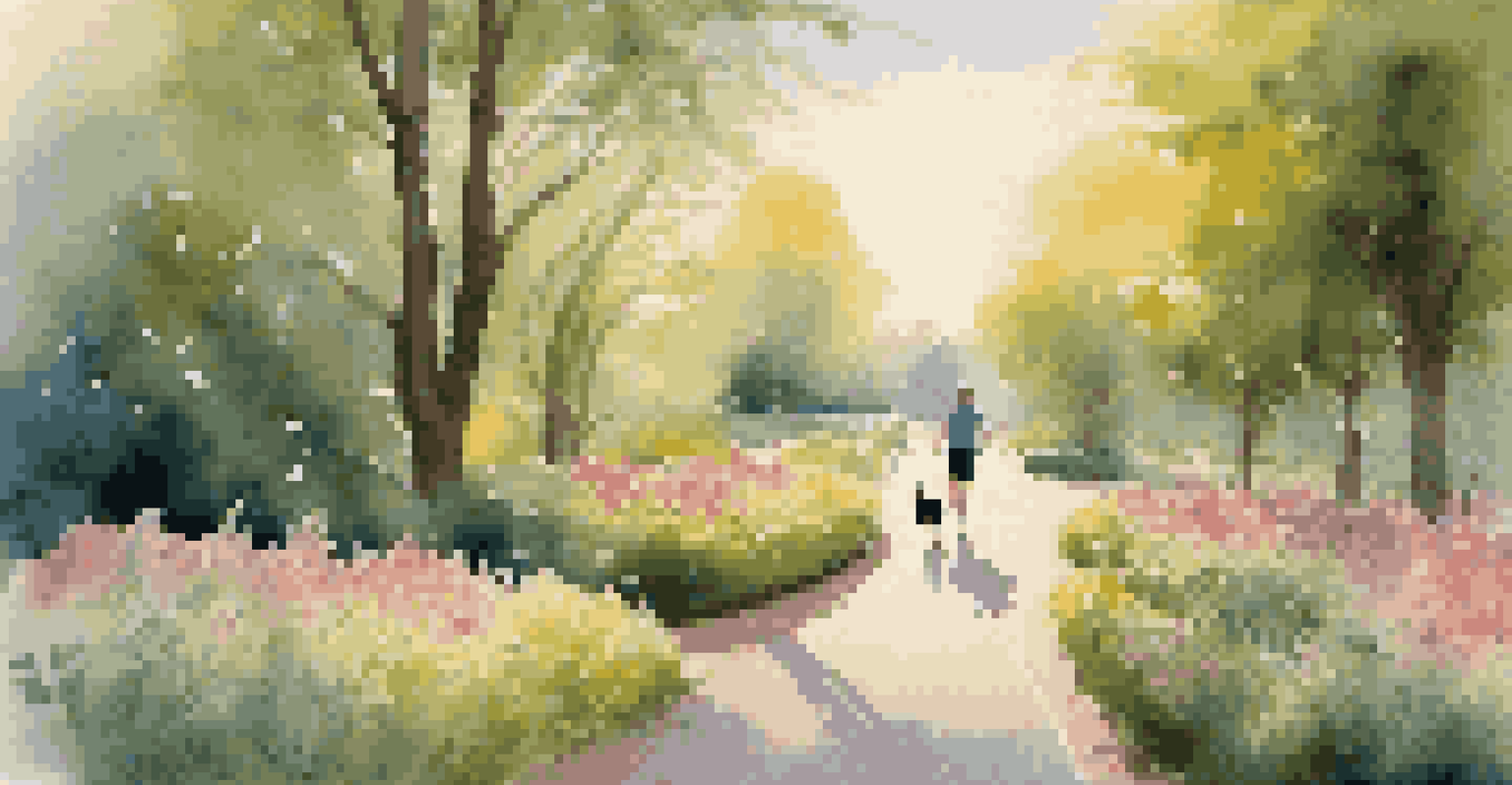 A peaceful park in the morning with lush greenery, blooming flowers, and a person walking their dog.