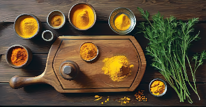 An overhead view of a wooden cutting board with fresh turmeric roots, sliced turmeric, turmeric powder in a bowl, colorful spices in jars, a mortar and pestle, and fresh herbs, illuminated by warm natural light.