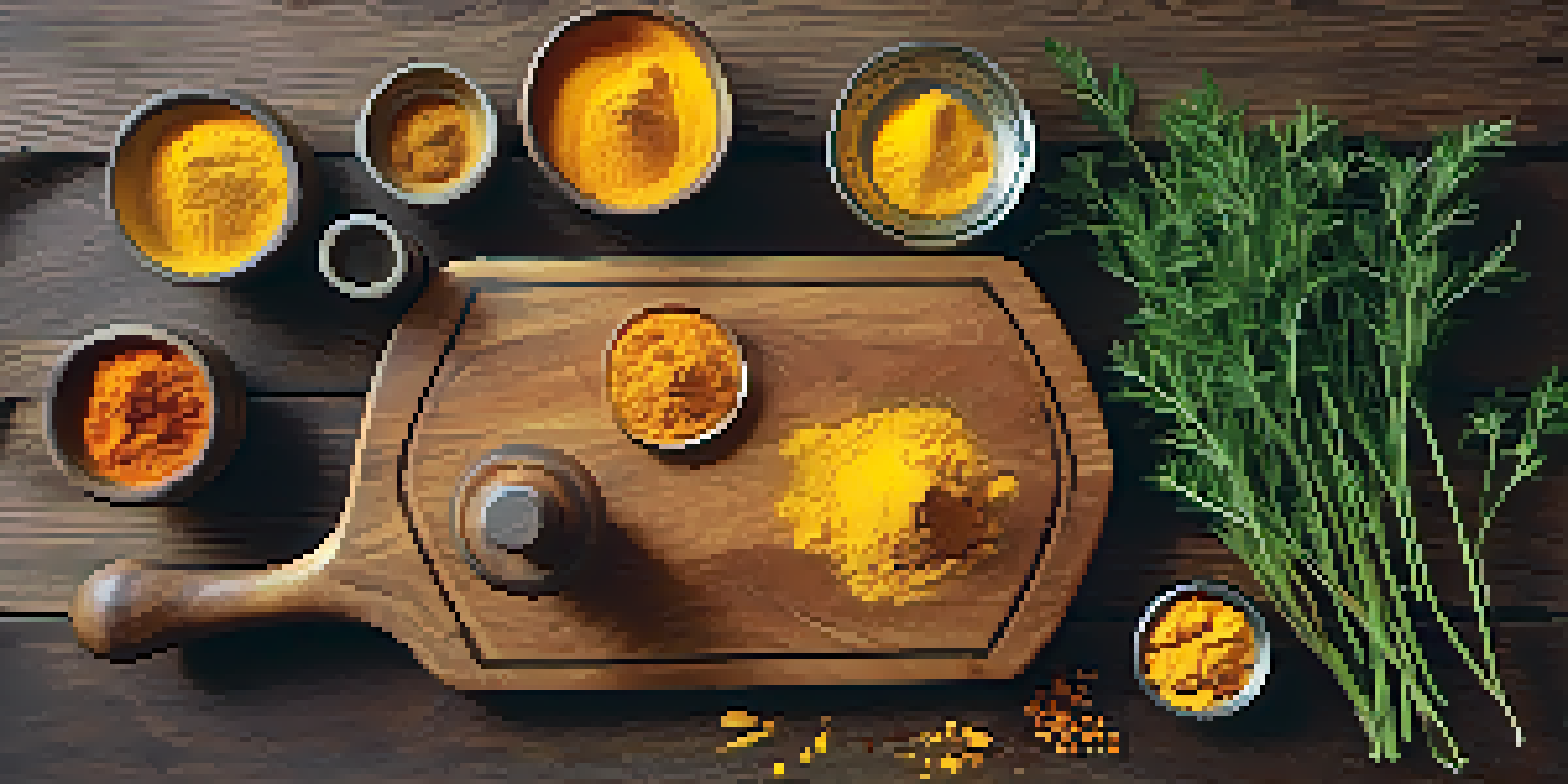 An overhead view of a wooden cutting board with fresh turmeric roots, sliced turmeric, turmeric powder in a bowl, colorful spices in jars, a mortar and pestle, and fresh herbs, illuminated by warm natural light.
