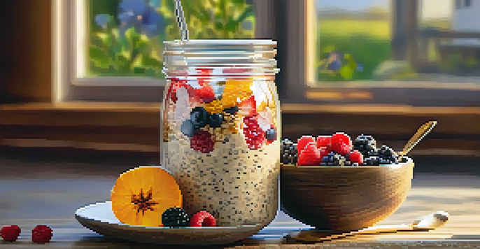 A bowl of overnight oats topped with fresh berries and chia seeds, placed on a wooden table in a sunny kitchen.