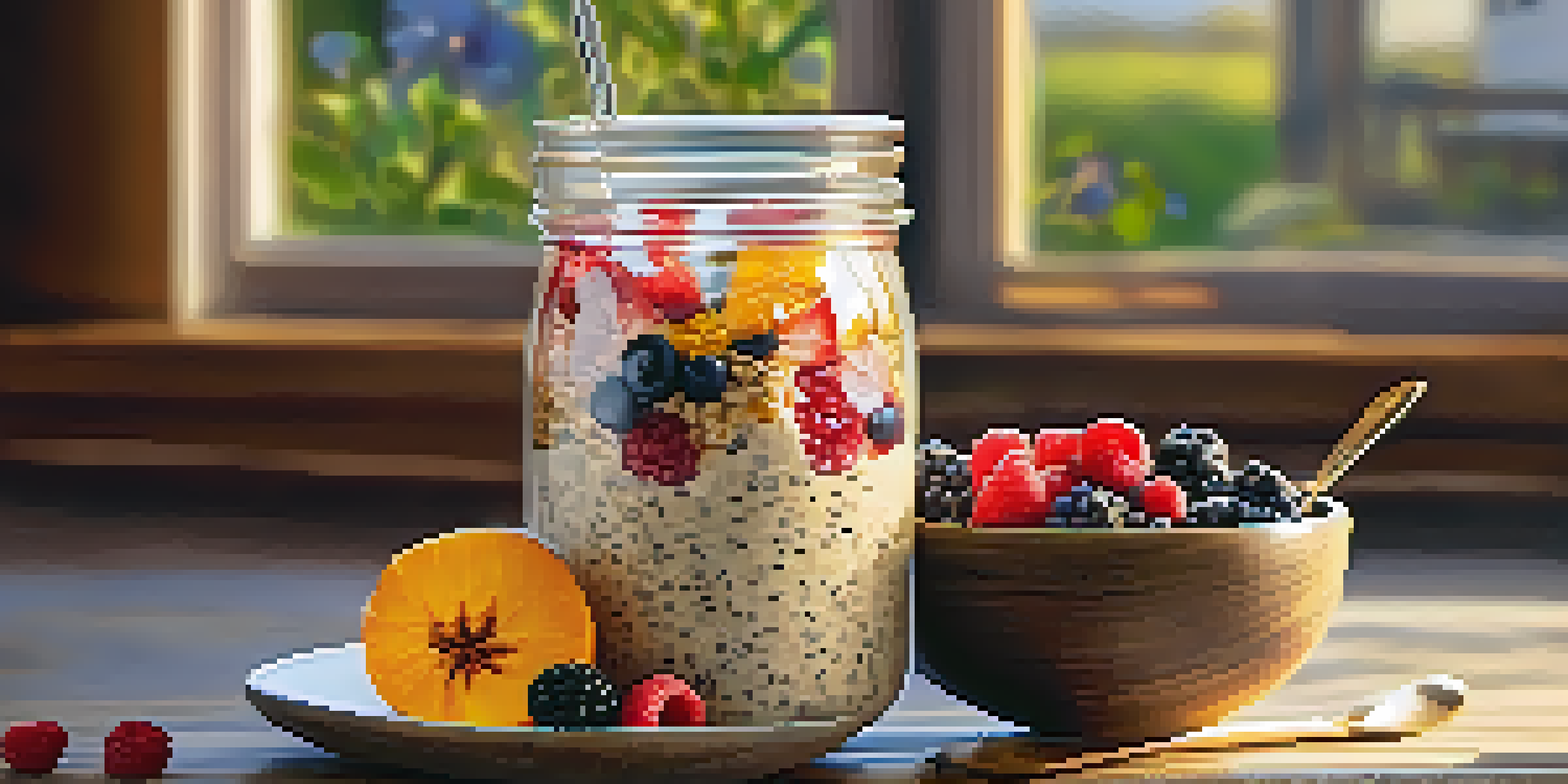 A bowl of overnight oats topped with fresh berries and chia seeds, placed on a wooden table in a sunny kitchen.