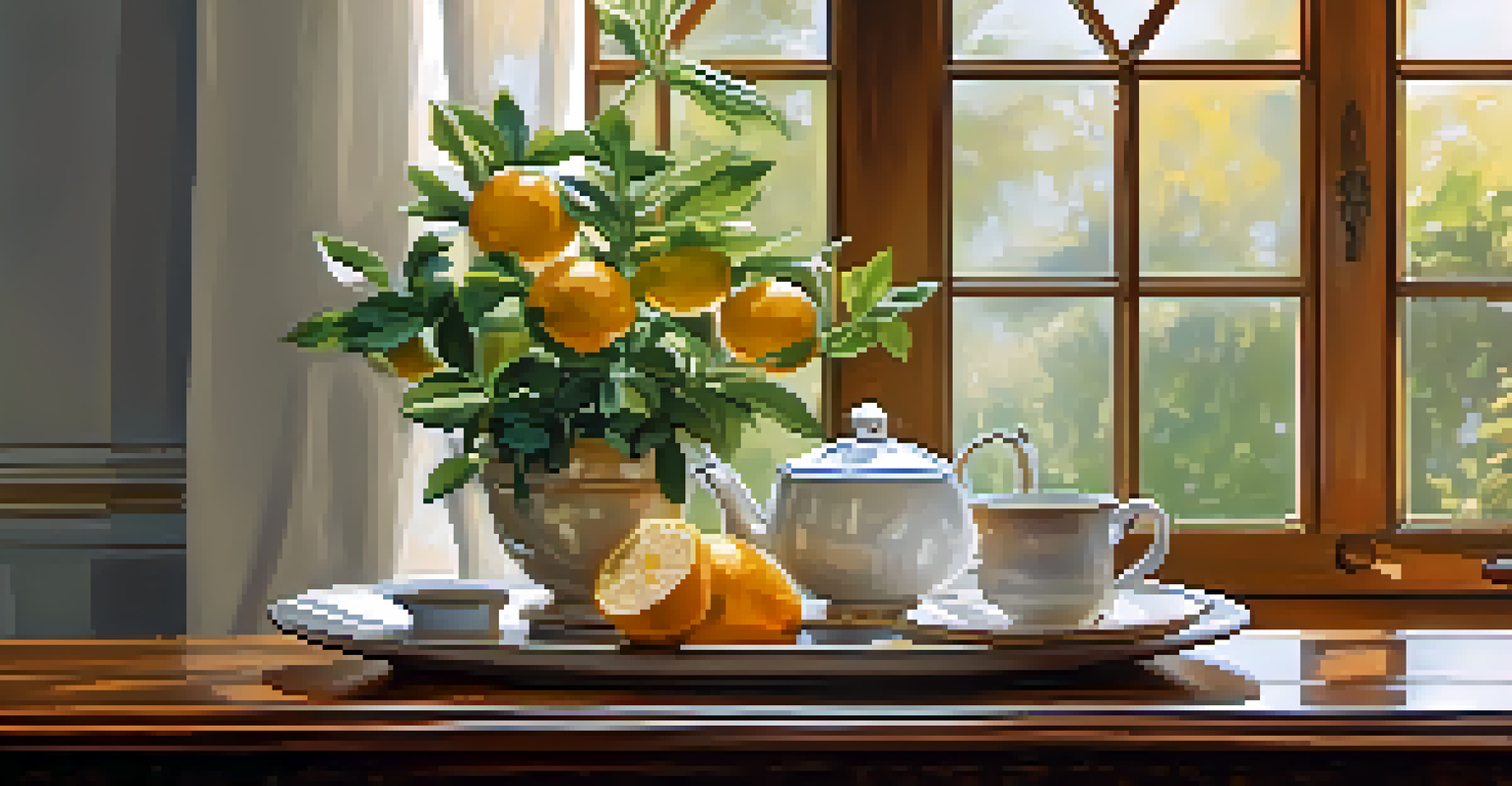 A morning ritual setup with a diffuser, tea, and citrus fruits on a wooden table.