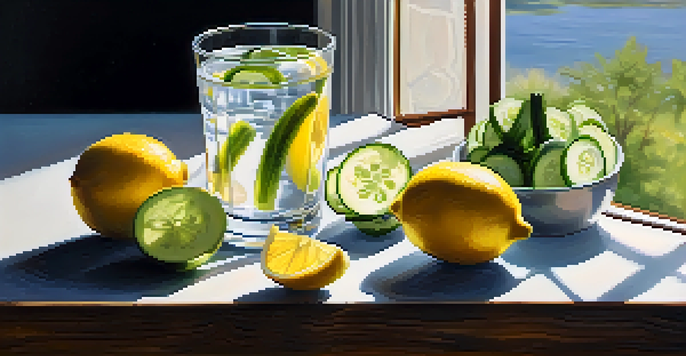 A glass of water on a wooden table with lemon and cucumber slices, illuminated by soft sunlight.