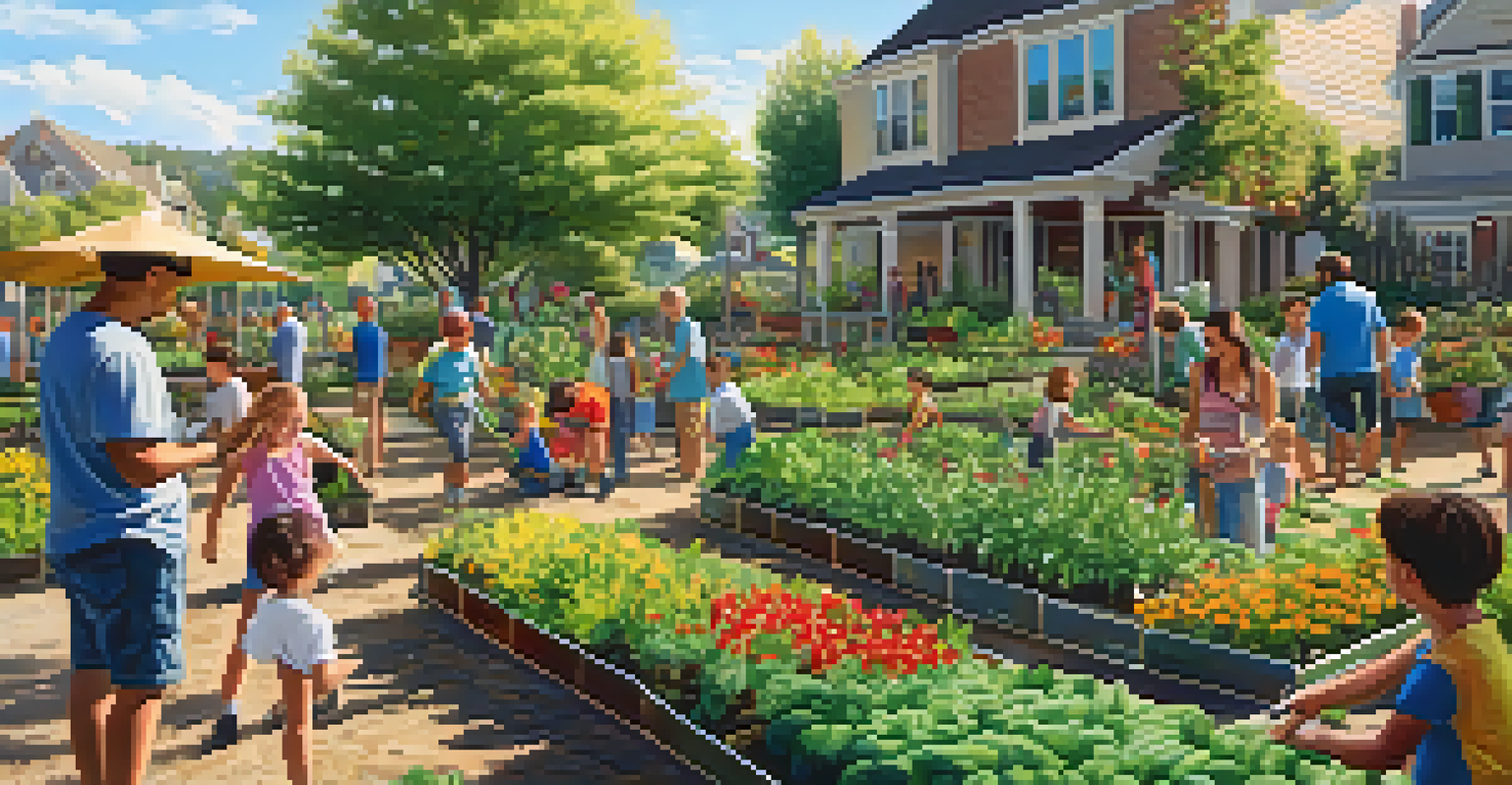 Families and children working together in a thriving community garden filled with fruits and vegetables.