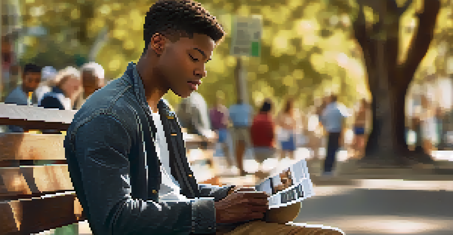 A young man reading a health brochure at a community health fair, with people and booths in the background.