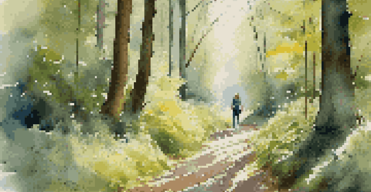 A peaceful forest path with tall trees and sunlight filtering through, showing a person walking surrounded by nature.