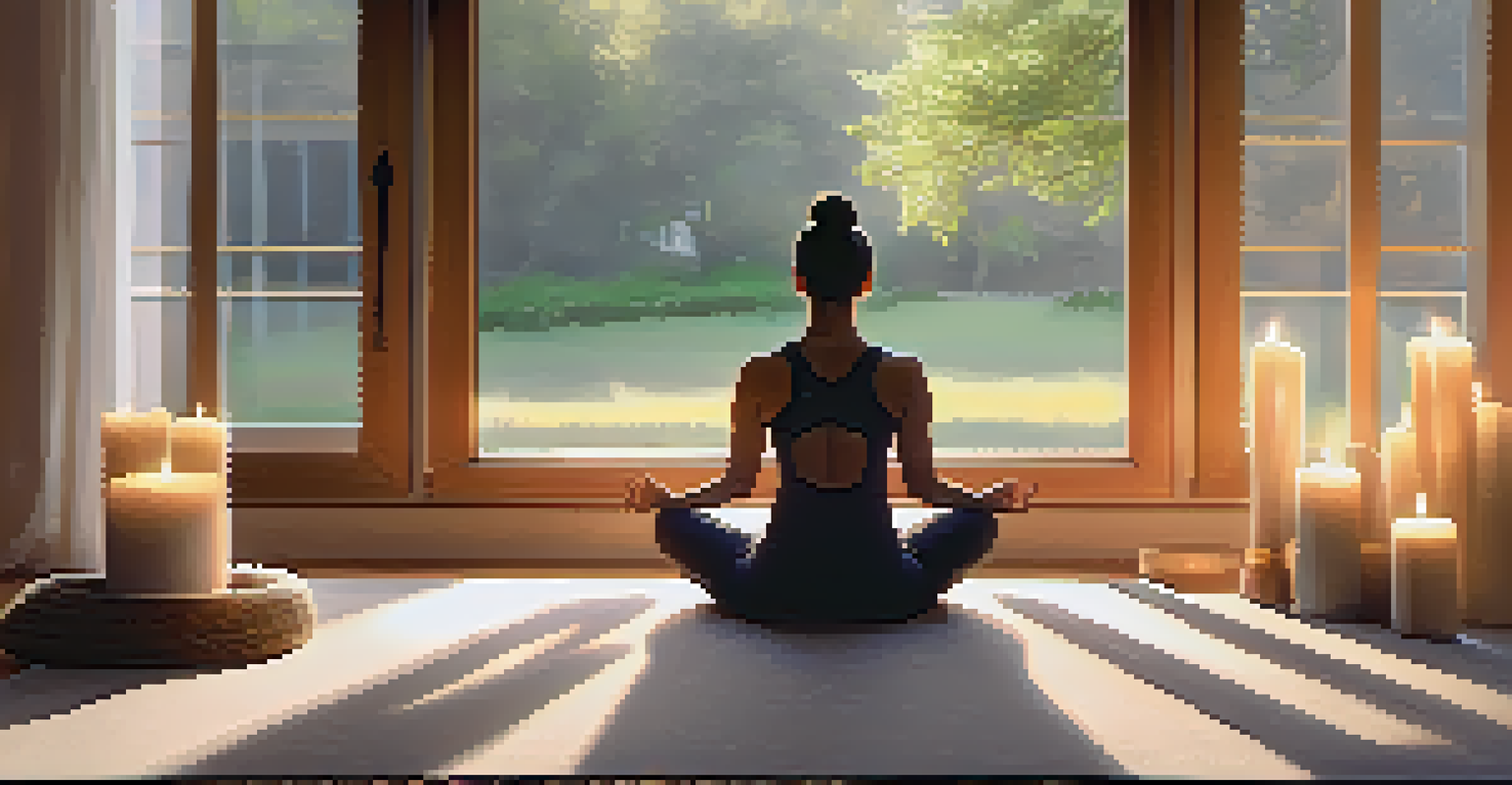 A person meditating in a bright living room, surrounded by candles and soft decor.