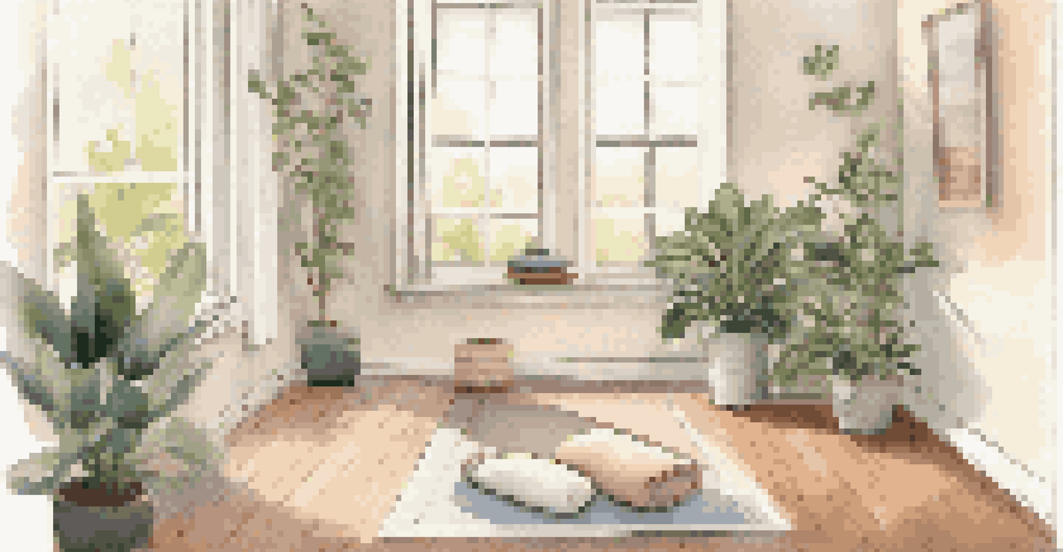 A cozy home yoga space with a yoga mat, cushions, candles, and plants, illuminated by soft natural light.