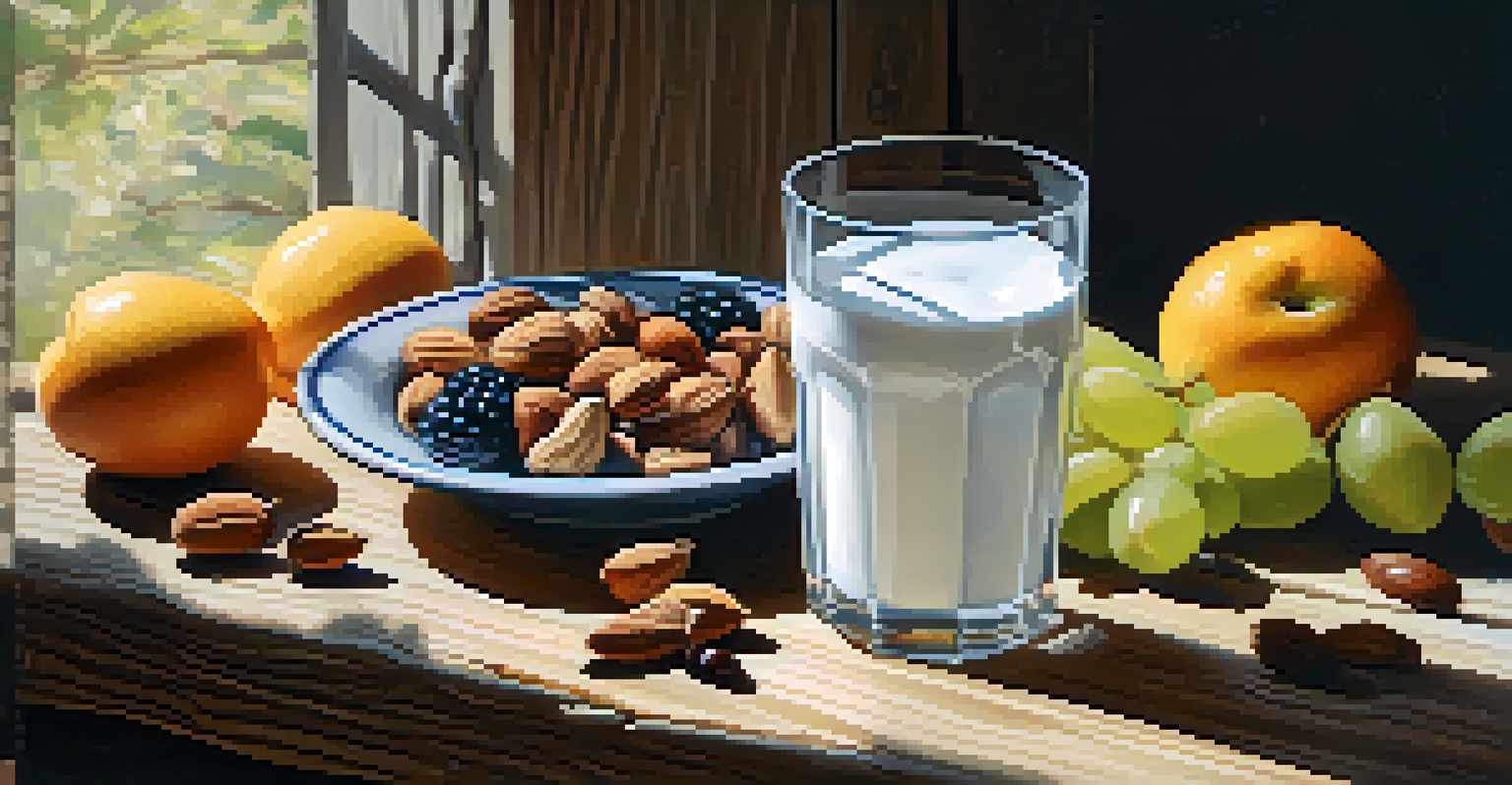 A visually appealing arrangement of water, nuts, and yogurt with fruits on a wooden table, emphasizing hydration and nutrition.
