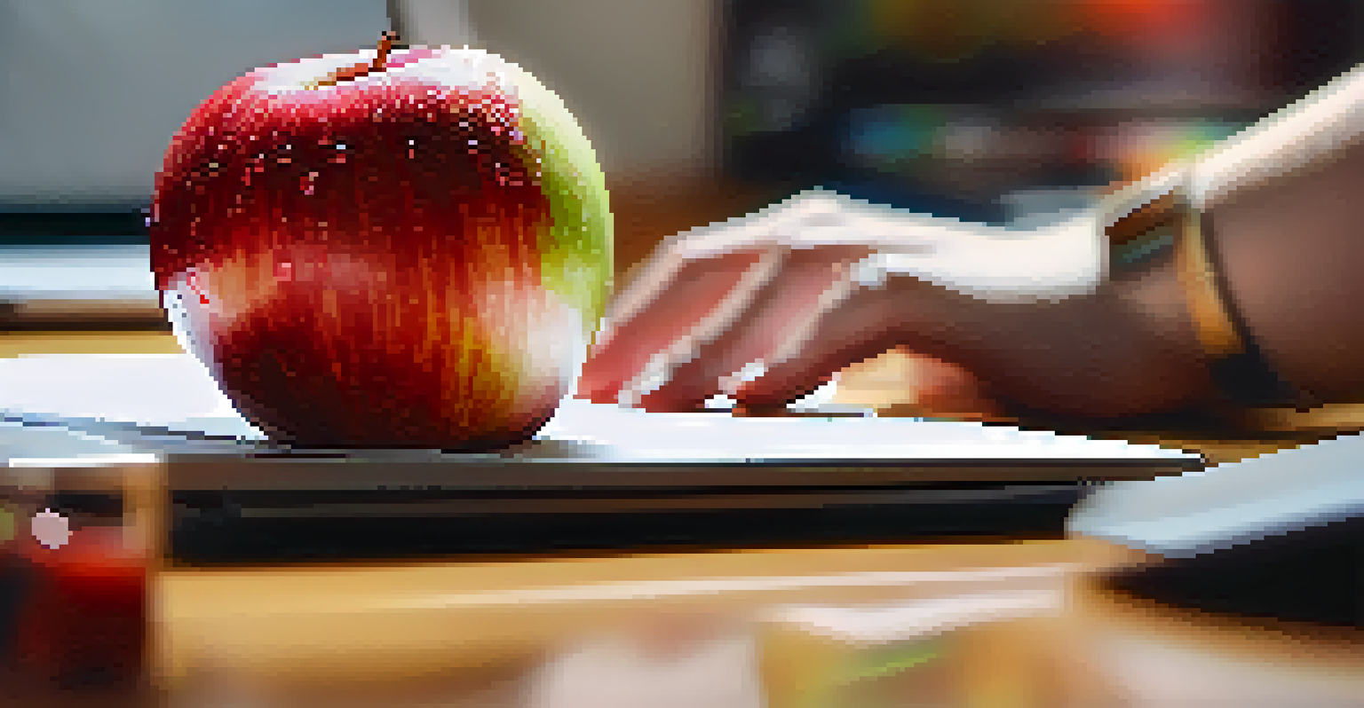 Close-up of hands holding a shiny red apple in a cluttered office setting, emphasizing the idea of mindful snacking.