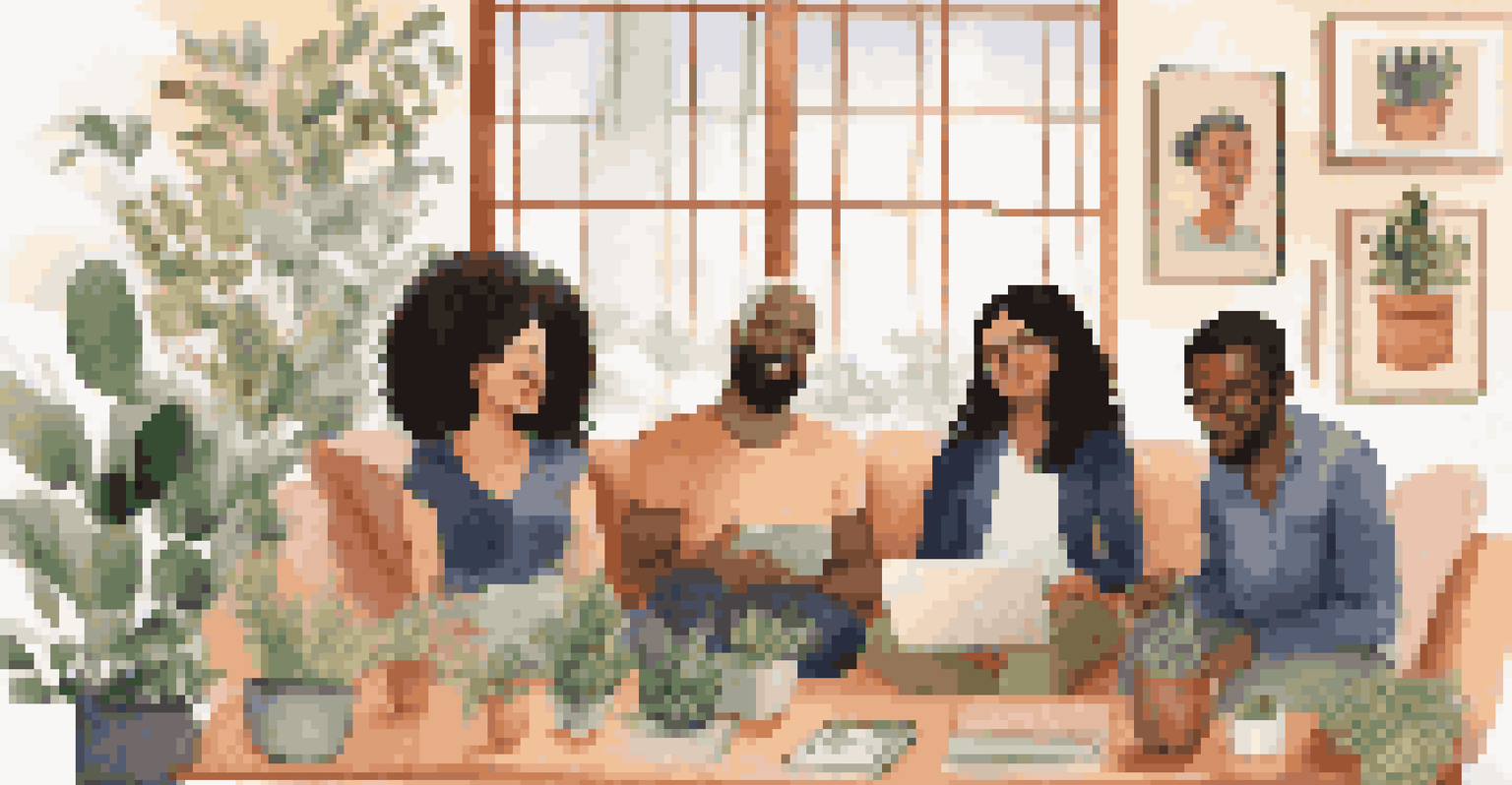 A virtual mental health support group with diverse individuals in their homes, showing connection and community.