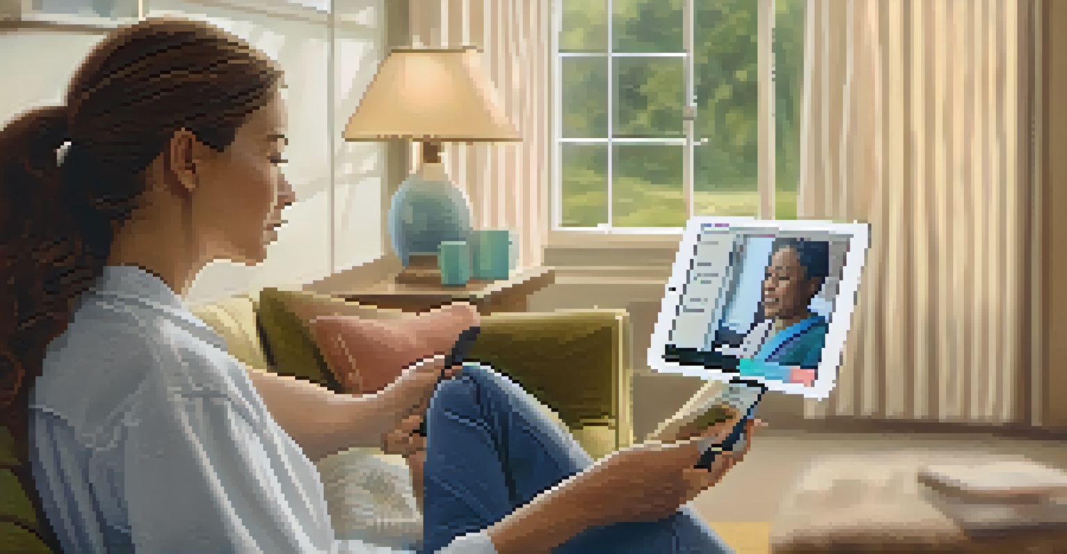 A patient using a smartphone to access health records in a cozy living room, highlighting patient engagement.