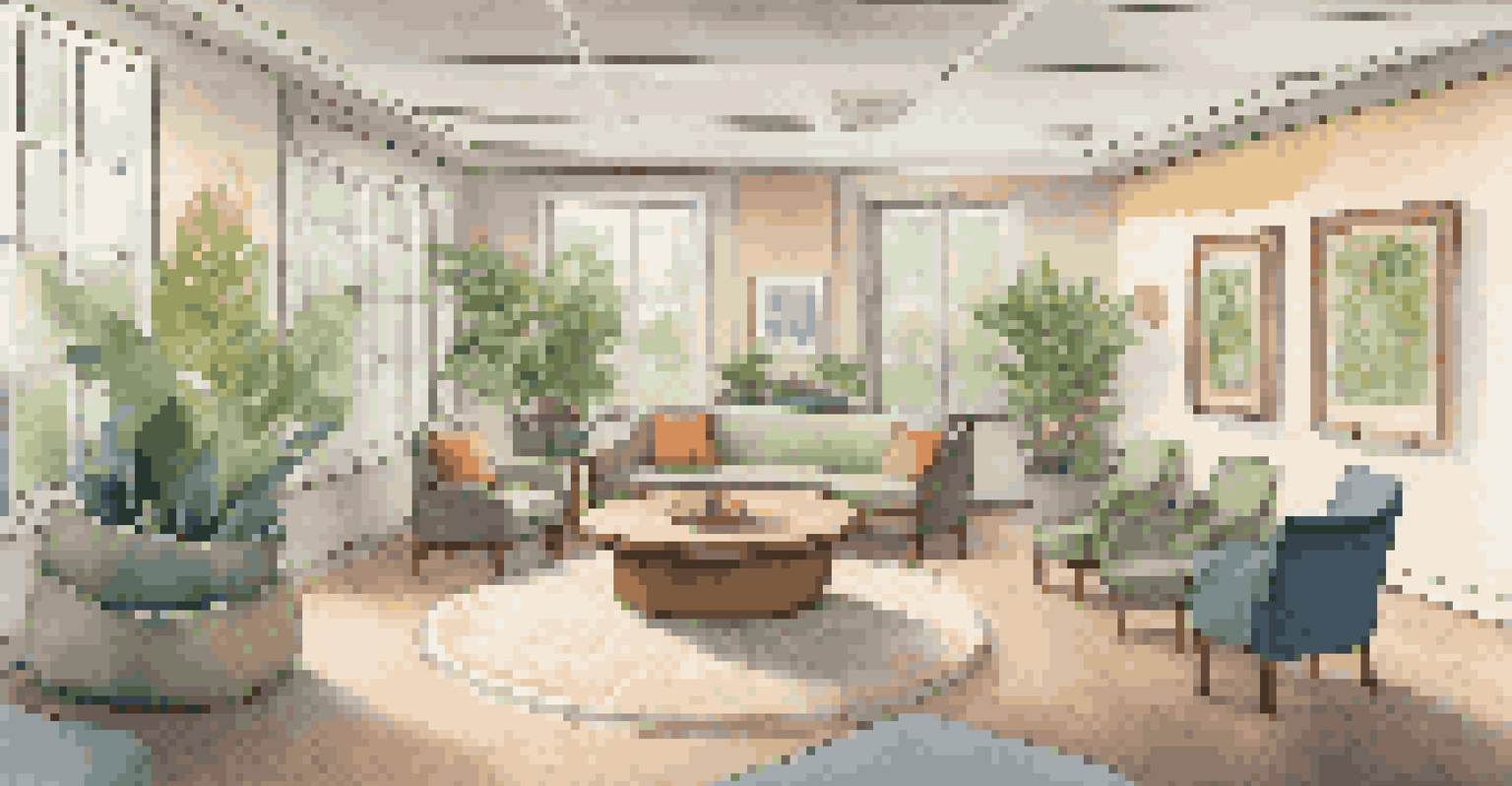 A cozy indoor space for crisis intervention with comfortable seating, soft lighting, and calming decor.