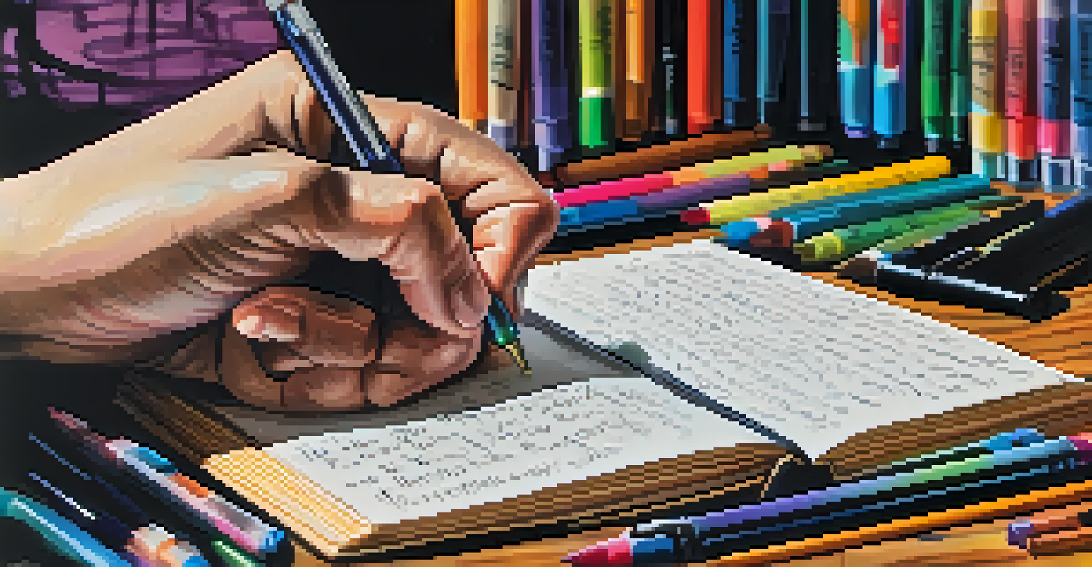 A close-up of a hand writing in a journal with a fountain pen, surrounded by colorful art supplies and handwritten notes.