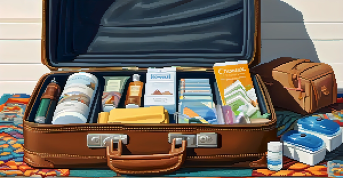 An open suitcase with health supplies for travel, including masks and hand sanitizers, placed on a colorful rug.