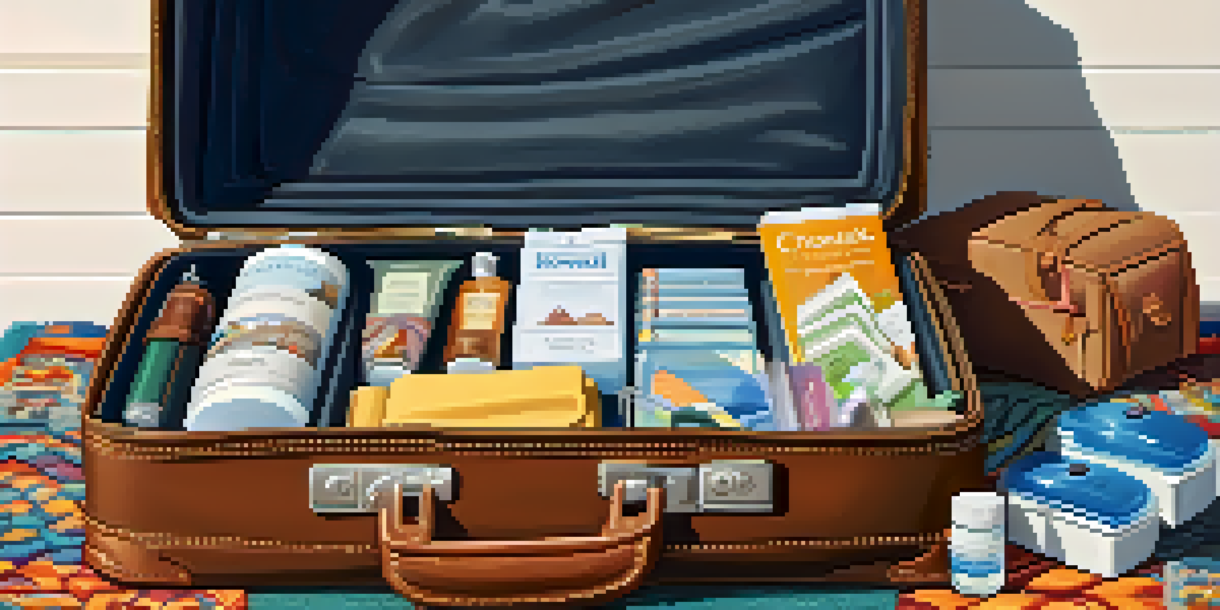 An open suitcase with health supplies for travel, including masks and hand sanitizers, placed on a colorful rug.