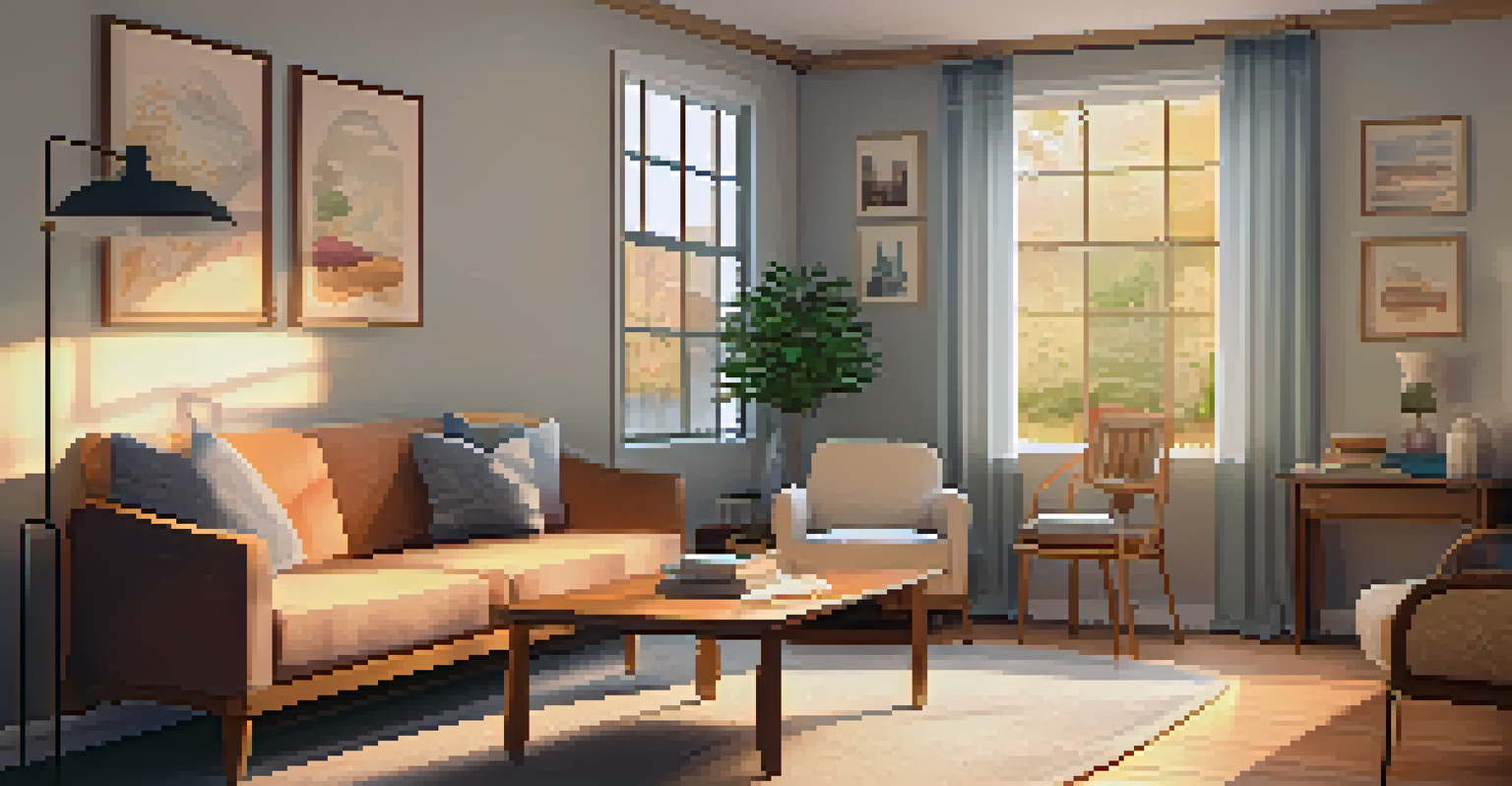 A cozy therapy room with comfortable seating, soft pillows, and a warm lamp creating an inviting atmosphere.