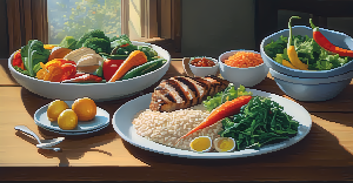 A colorful plate filled with healthy food options including vegetables, whole grains, and lean protein, set on a wooden table with natural lighting.