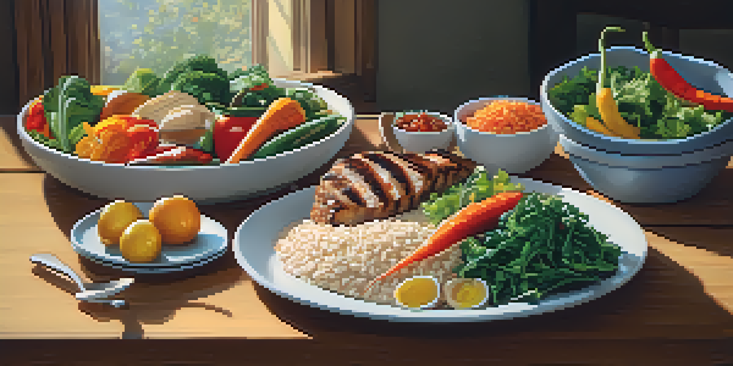 A colorful plate filled with healthy food options including vegetables, whole grains, and lean protein, set on a wooden table with natural lighting.