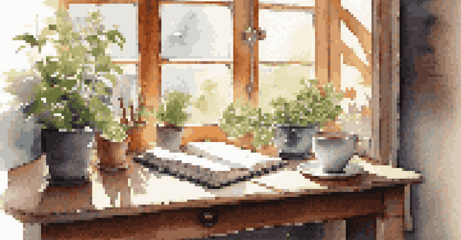 A cozy workspace with a journal, herbal tea, and a potted plant, illuminated by soft sunlight.