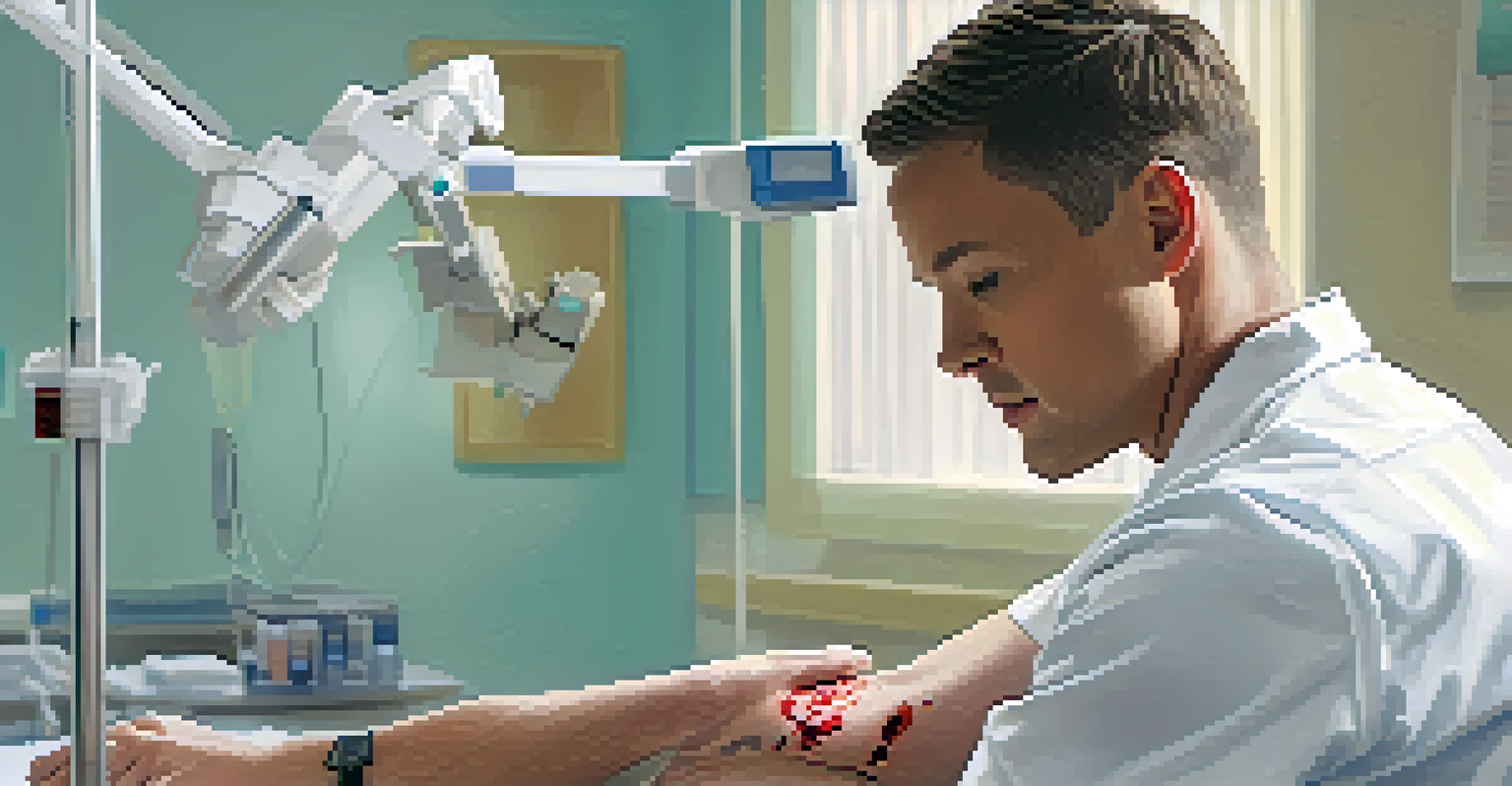 A patient sitting in a clinic room preparing for a blood test, with a healthcare professional placing a tourniquet on their arm.