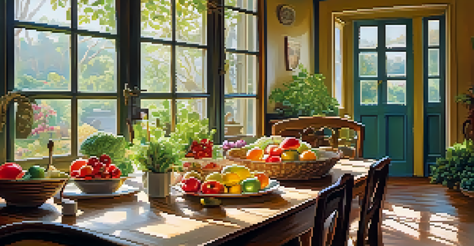 A tranquil dining scene with a variety of colorful, healthy foods on a wooden table, and a person enjoying their meal thoughtfully in soft sunlight.