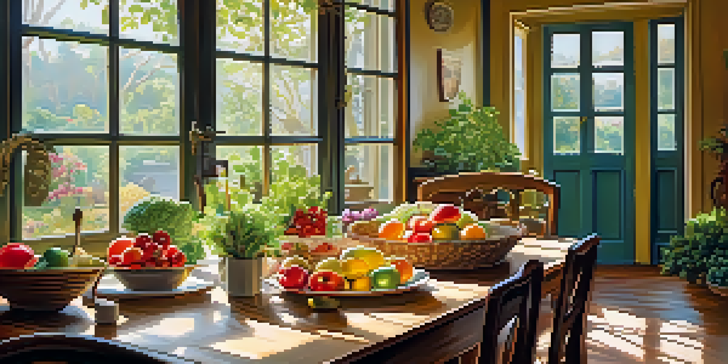 A tranquil dining scene with a variety of colorful, healthy foods on a wooden table, and a person enjoying their meal thoughtfully in soft sunlight.