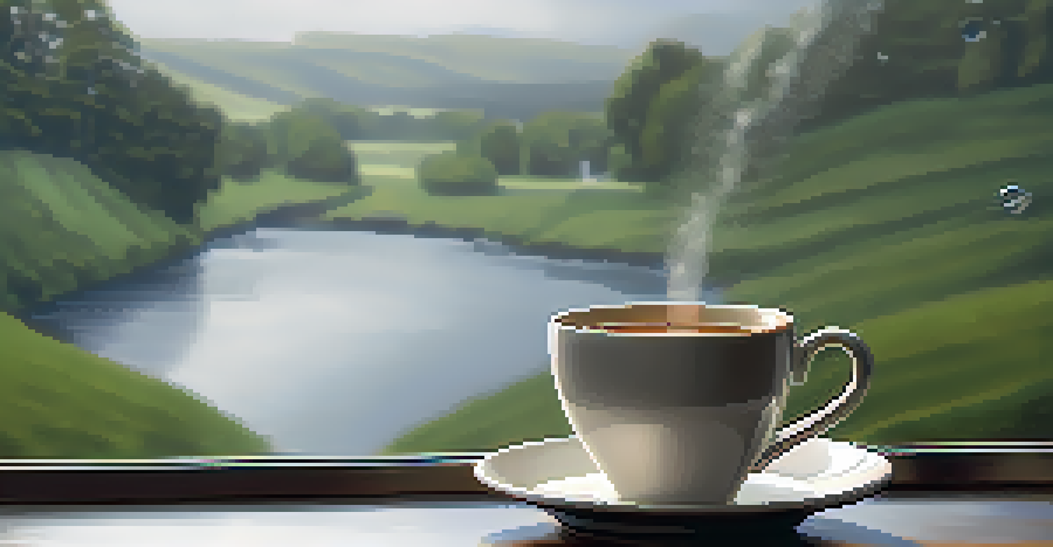 A close-up of a hand holding a steaming cup of tea, with a rainy day view in the background.