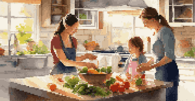 A mother and child cooking in a bright kitchen, surrounded by fresh vegetables, demonstrating a supportive environment for food allergy management.