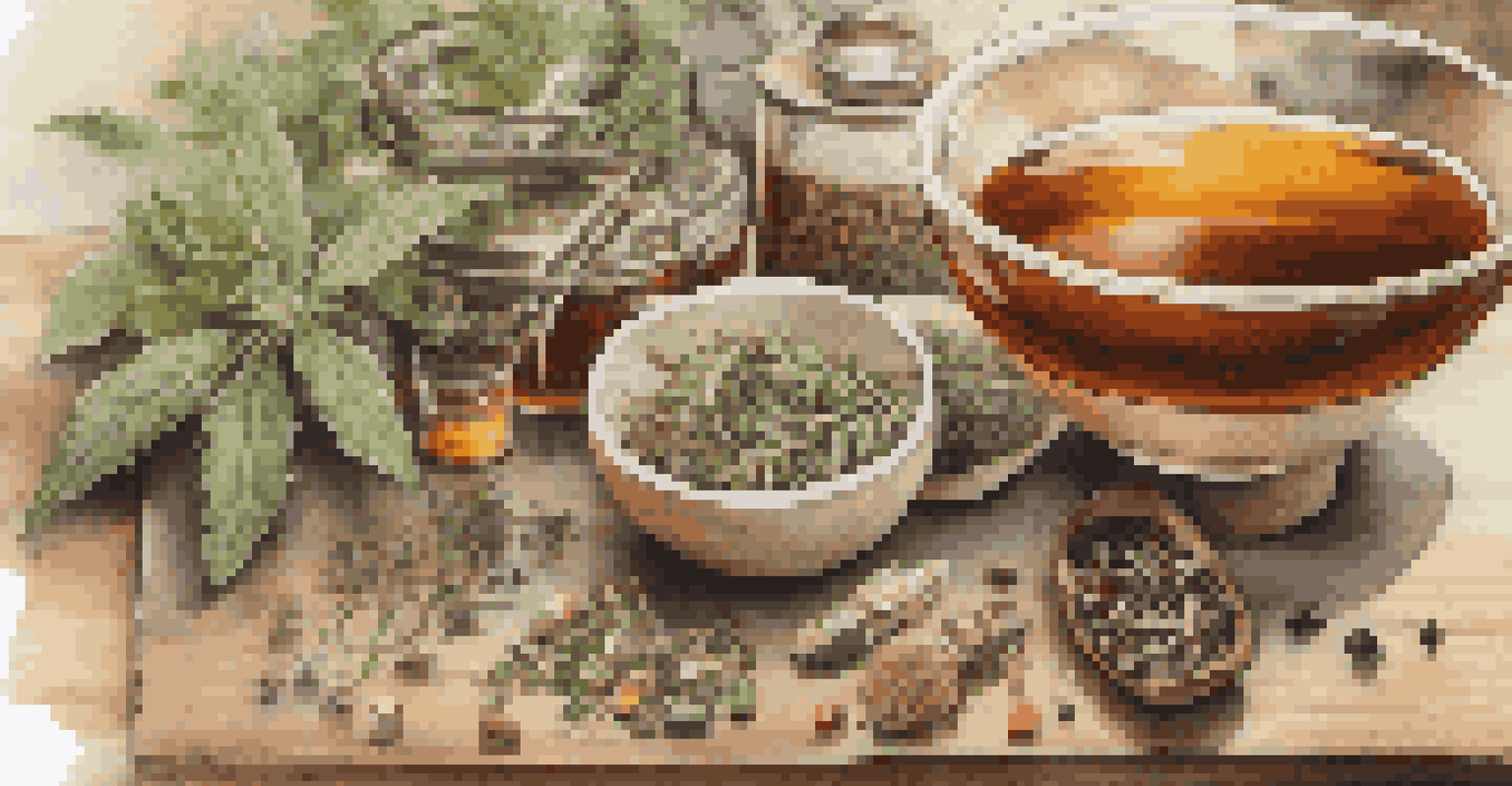 A wooden table showcasing various herbal supplements, including capsules, dried herbs, and a steaming cup of herbal tea, with a softly blurred background.