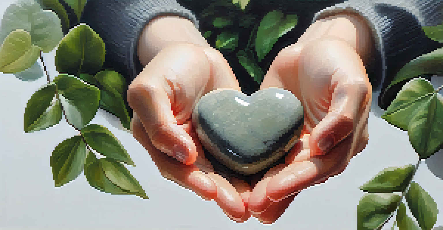 A close-up of hands holding a heart-shaped stone, representing self-love, with a blurred green background.