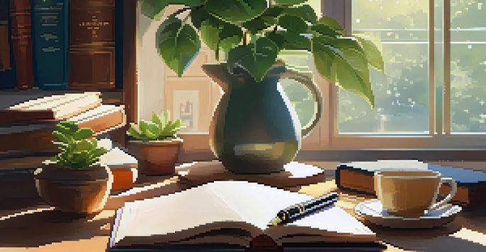 A cozy writing space with an open journal, fountain pen, and a cup of tea, illuminated by soft sunlight, with a bookshelf in the background.