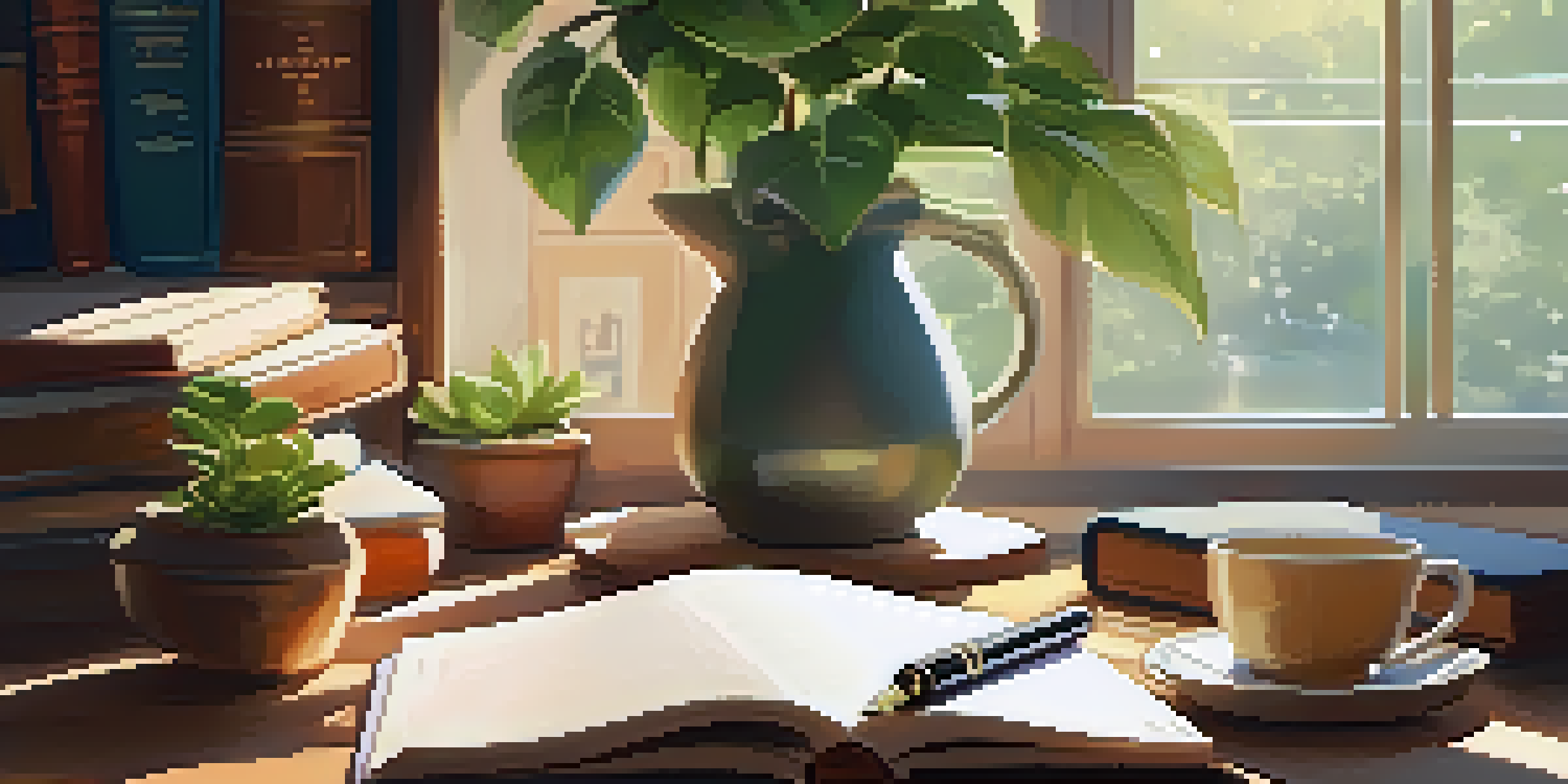 A cozy writing space with an open journal, fountain pen, and a cup of tea, illuminated by soft sunlight, with a bookshelf in the background.