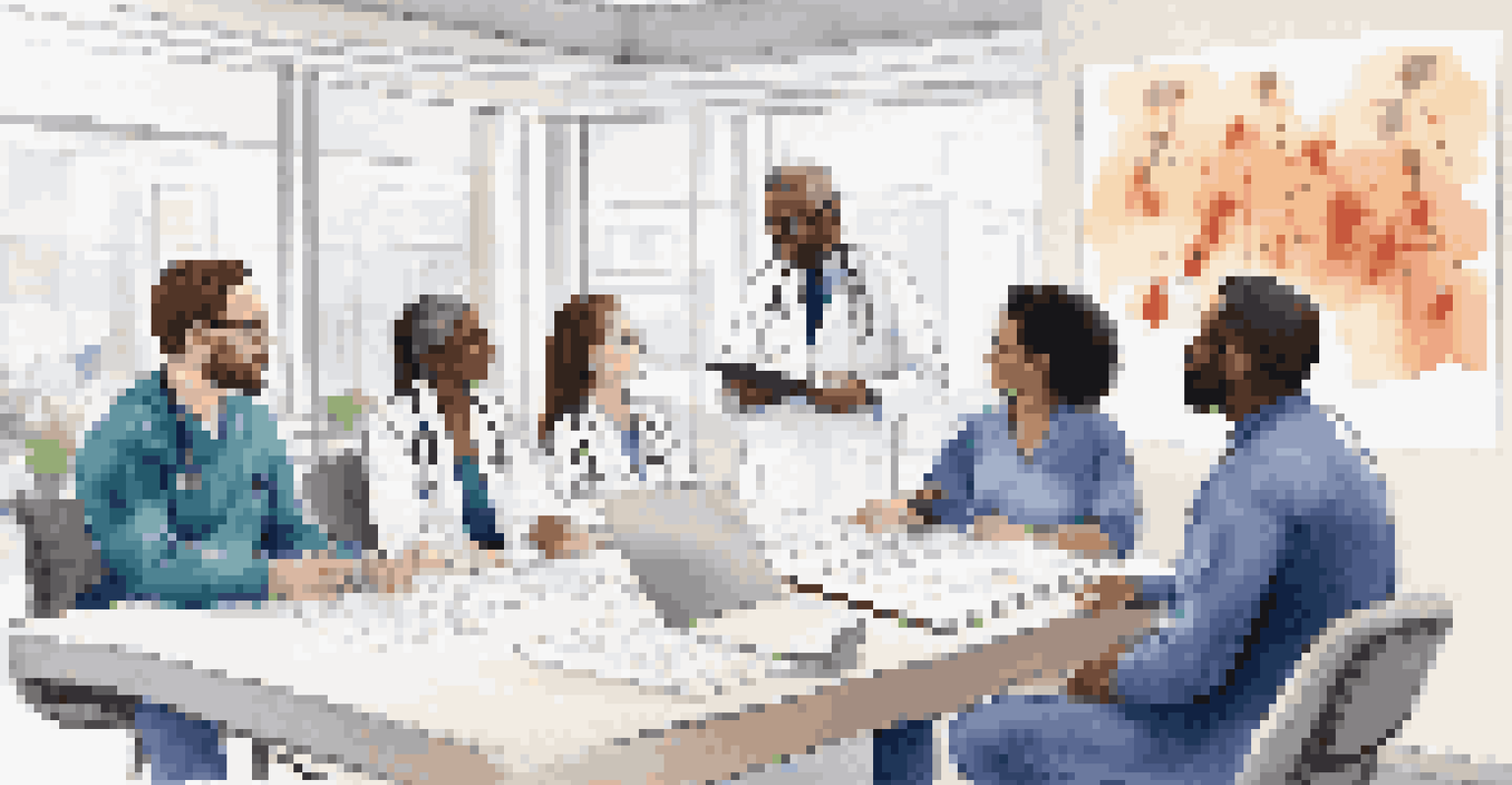Healthcare professionals in a modern conference room discussing patient care with empathy and teamwork.