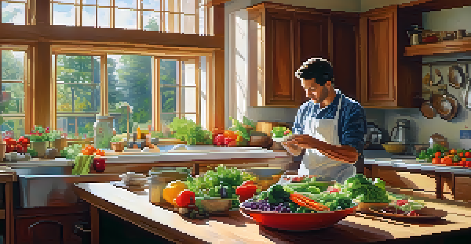 A man preparing a healthy meal in a bright kitchen with fresh vegetables.