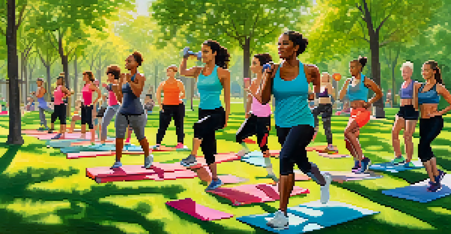 A diverse group of individuals participating in an outdoor fitness session led by a health coach in a sunny park.