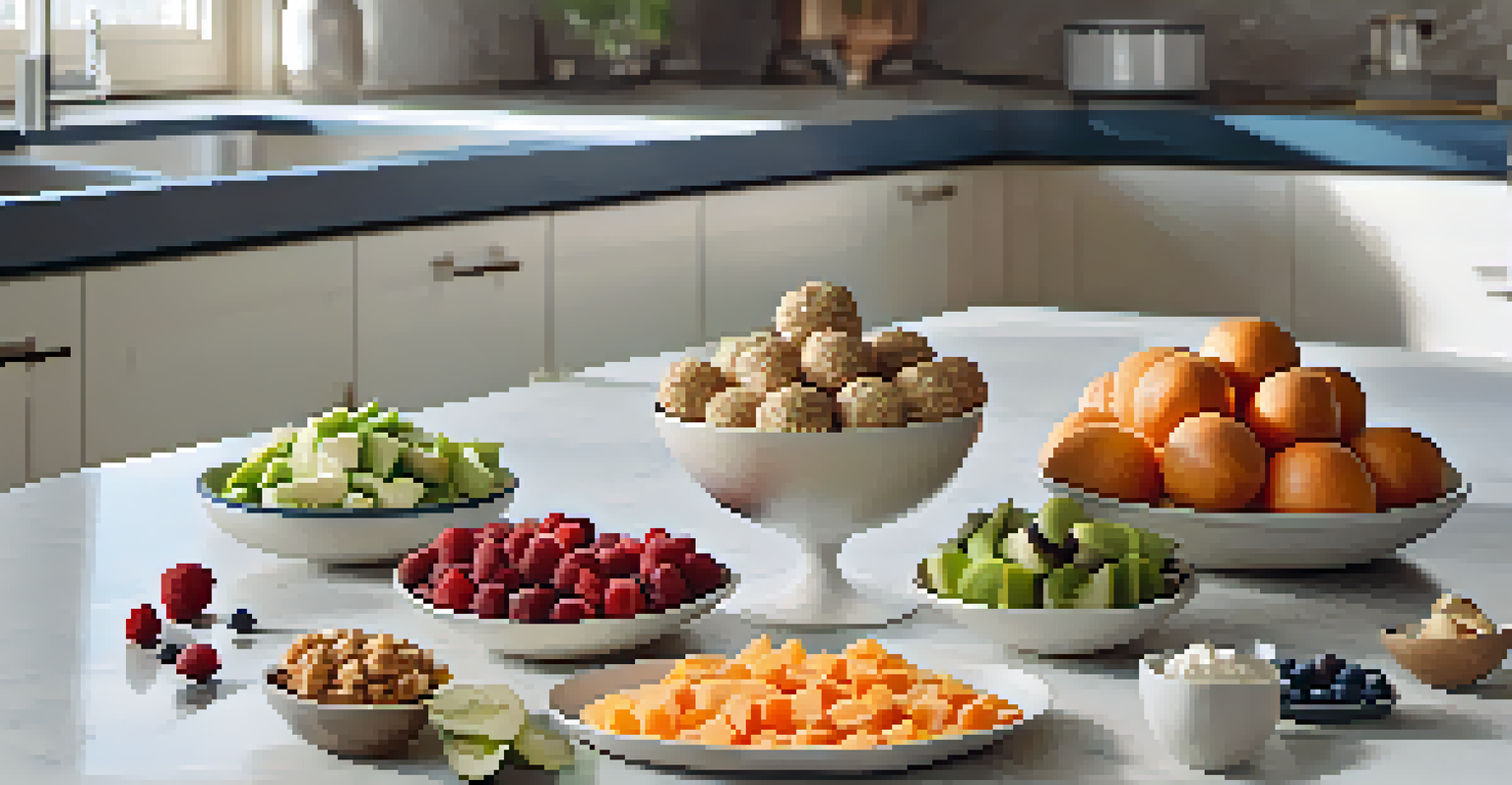 A variety of healthy snacks on a kitchen countertop, including vegetables, yogurt, and energy balls, arranged attractively.