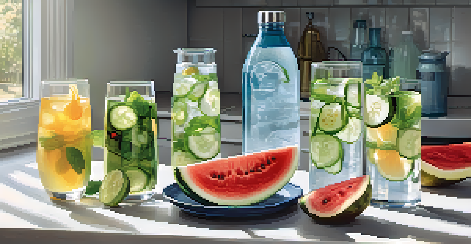 A collection of hydration options such as water, herbal teas, and fruits, arranged on a kitchen counter in bright lighting.