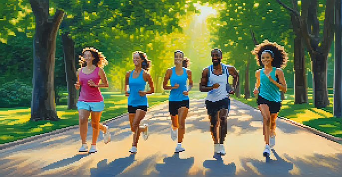 A diverse group of individuals exercising in a sunny park, showcasing healthy lifestyles.