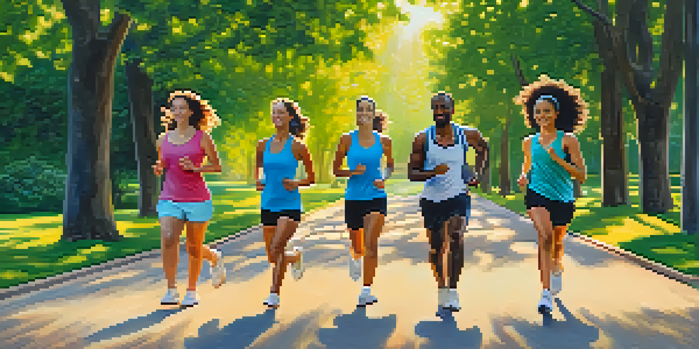 A diverse group of individuals exercising in a sunny park, showcasing healthy lifestyles.