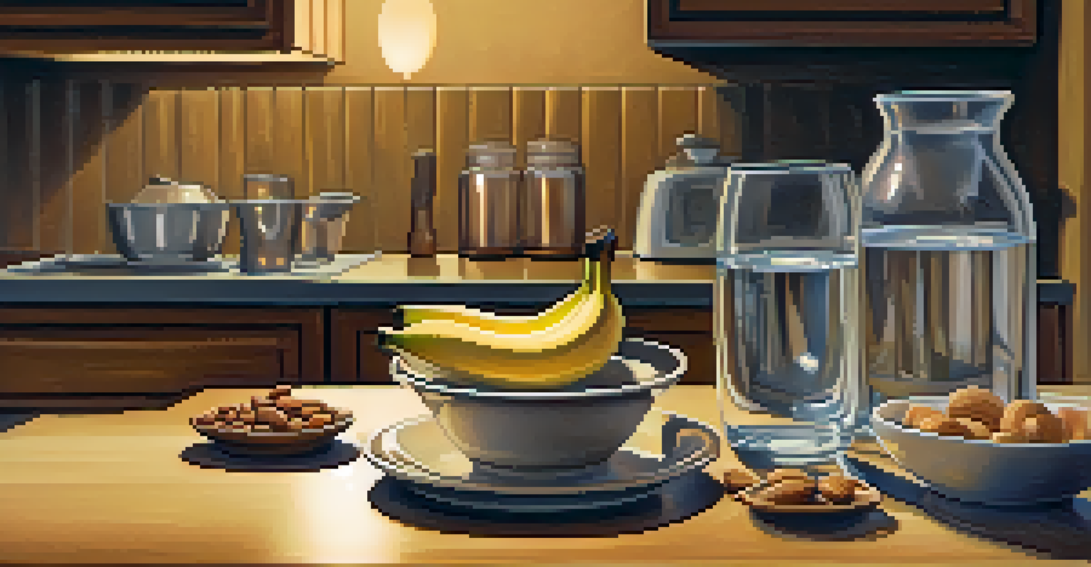 A serene kitchen table set for a light snack with a bowl of nuts, a banana, and a glass of water in warm lighting.