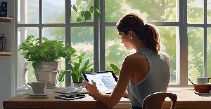 A woman in a peaceful workspace, tracking her health on a tablet, with plants and natural light around her.