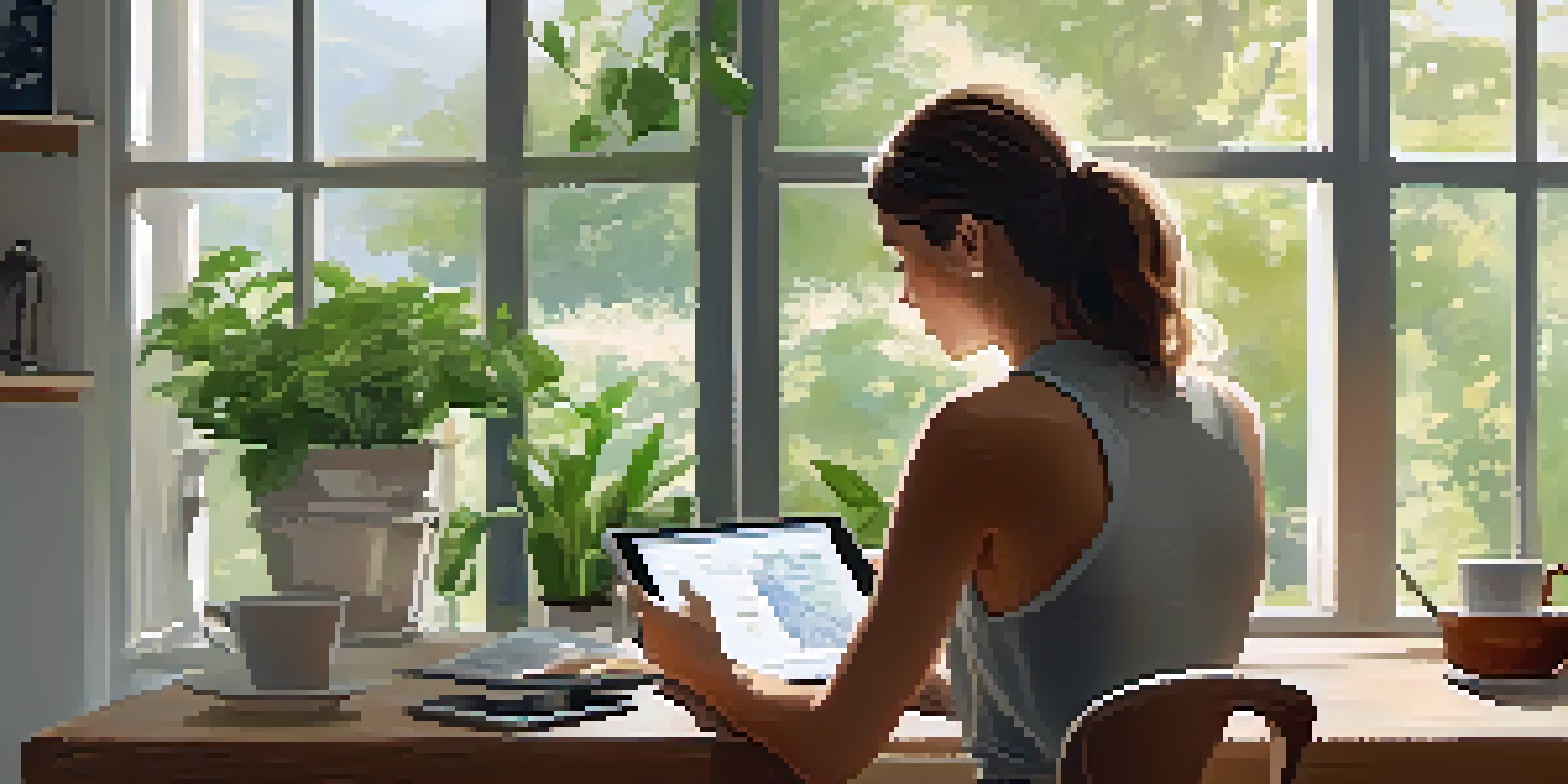 A woman in a peaceful workspace, tracking her health on a tablet, with plants and natural light around her.