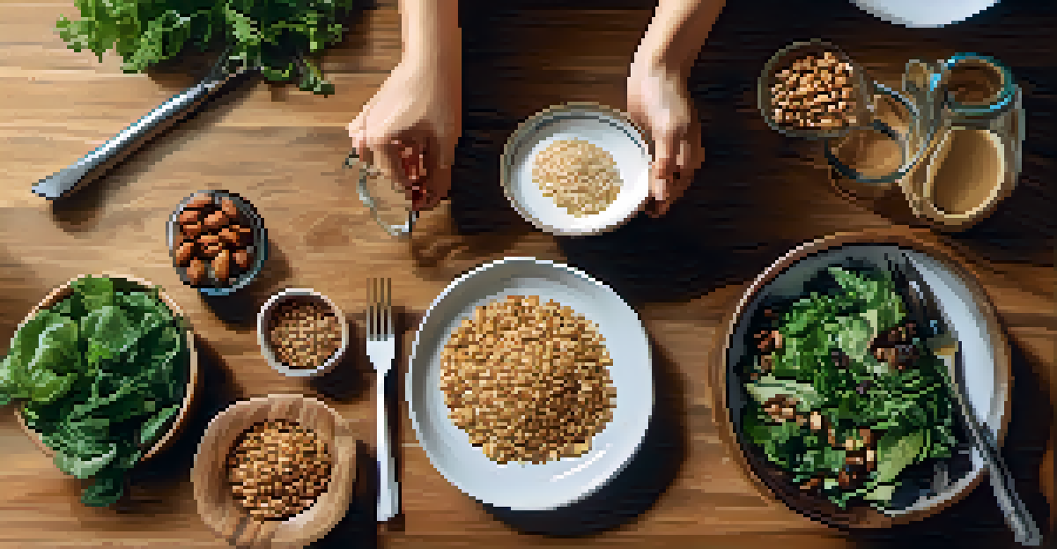 An overhead view of a simple meal on a wooden table, with a person's hands holding a fork, promoting mindful eating.