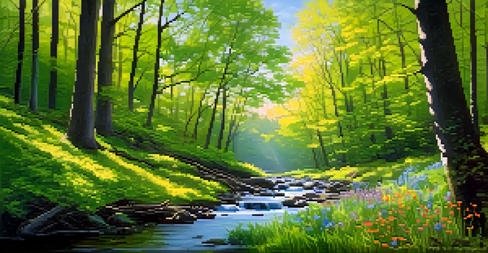 A peaceful forest with green trees and blooming wildflowers under sunlight, featuring a stream and a path leading into the woods.