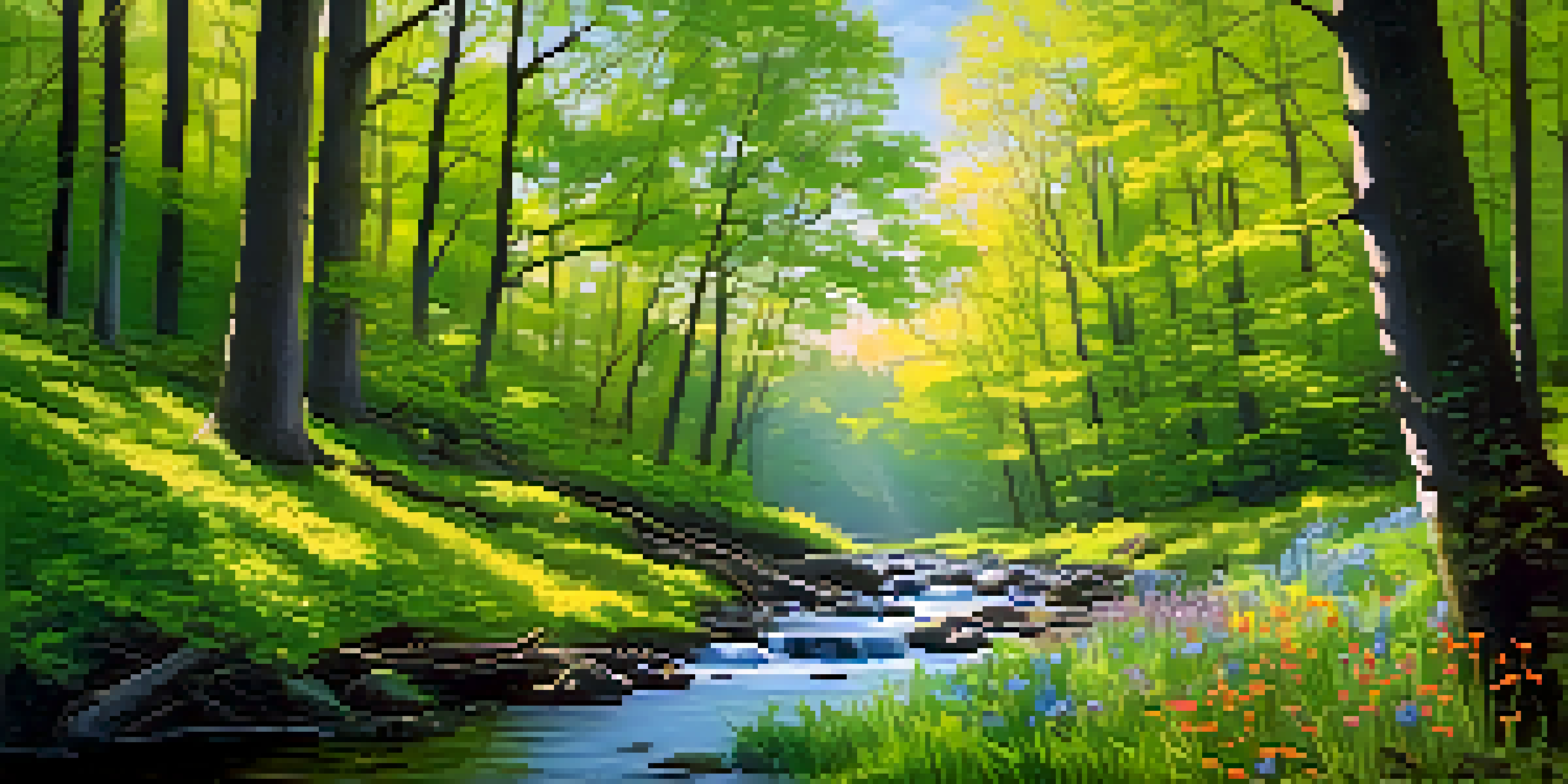 A peaceful forest with green trees and blooming wildflowers under sunlight, featuring a stream and a path leading into the woods.