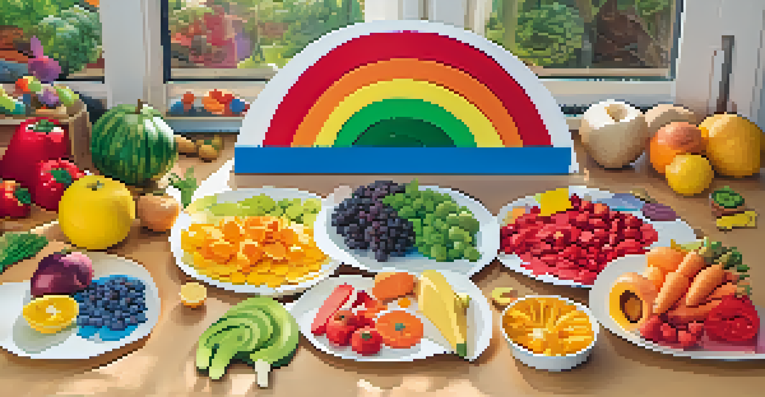 Children creating a colorful food rainbow art project using various fruits and vegetables.